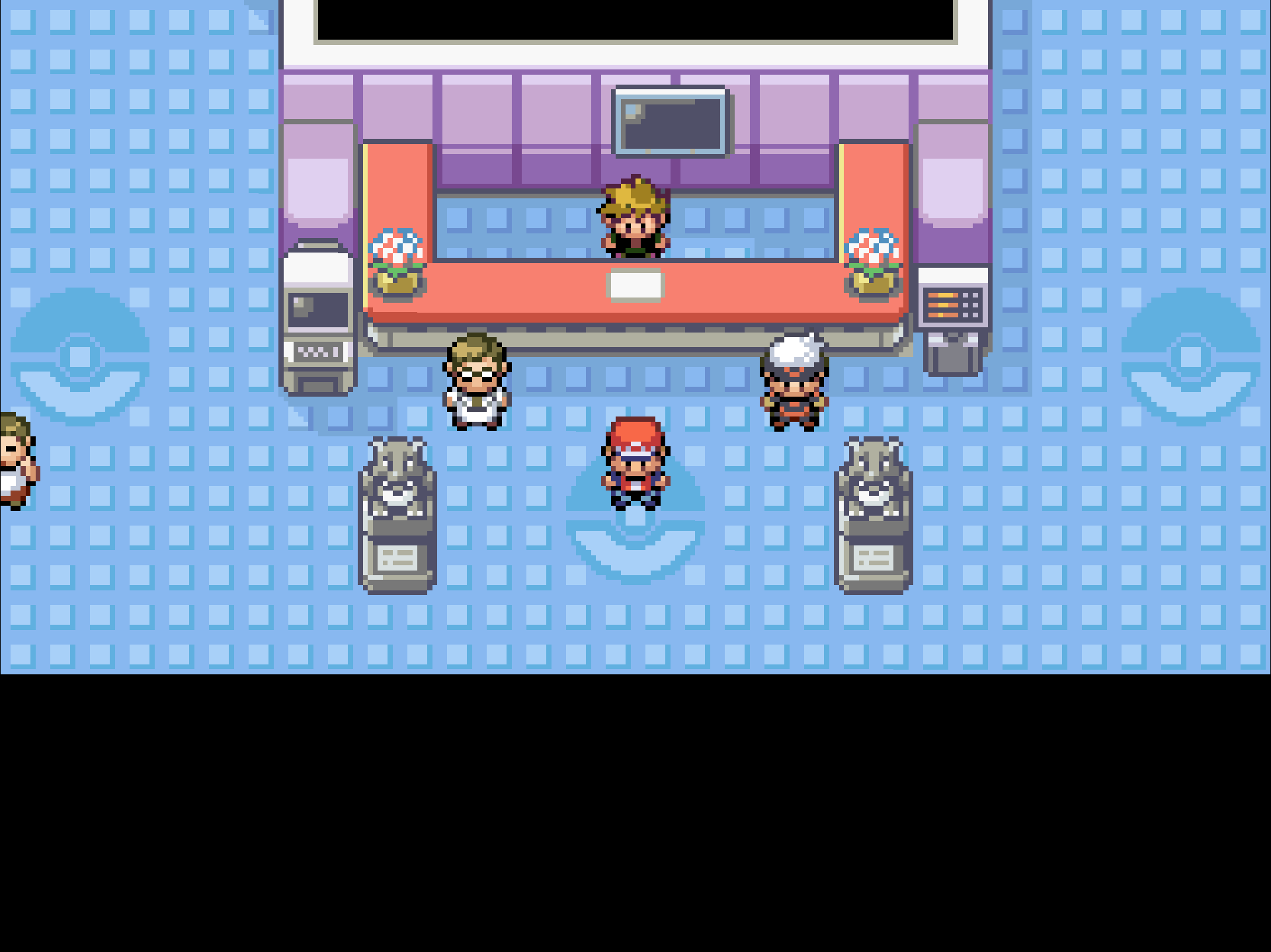 Pokémon Center with trainers and Pokémon