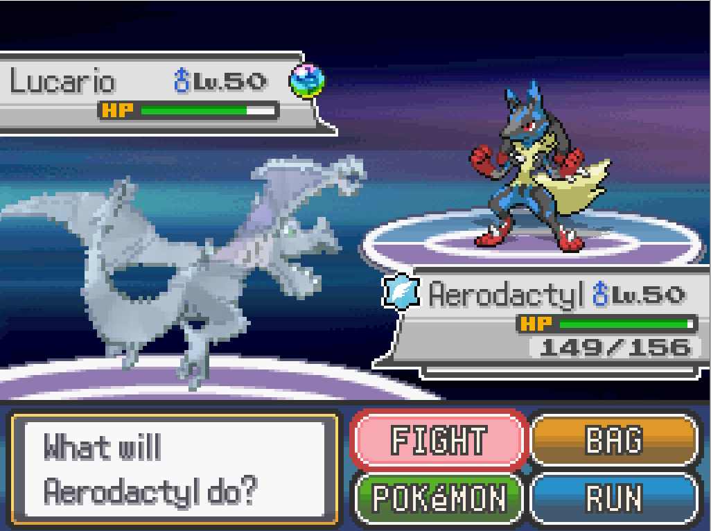 Pokémon battle screen showing Lucario and Mega Aerodactyl